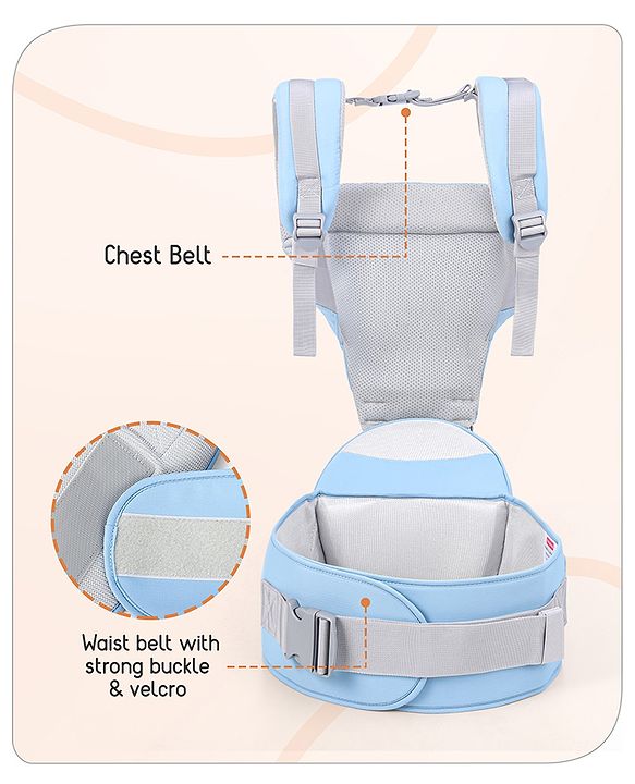 Babyhug Cherish 5-in-1 Hip Seat Baby Carrier:  Ergonomic design with padded straps, Breathable fabric, Foldable head support, storage pockets, and 5 carrying positions for babies up to 15 kg-Grey