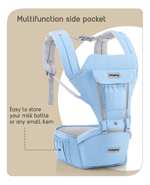 Babyhug Cherish 5-in-1 Hip Seat Baby Carrier:  Ergonomic design with padded straps, Breathable fabric, Foldable head support, storage pockets, and 5 carrying positions for babies up to 15 kg-Grey