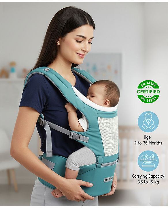 Babyhug Adore 5-in-1 Hip Seat Baby Carrier: Ergonomic, Breathable fabric, Padded straps, Foldable headrest, Secure waist belt, 5 carry positions, and storage pockets for babies up to 15 kg-Green
