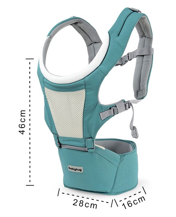 Babyhug Adore 5-in-1 Hip Seat Baby Carrier: Ergonomic, Breathable fabric, Padded straps, Foldable headrest, Secure waist belt, 5 carry positions, and storage pockets for babies up to 15 kg-Green
