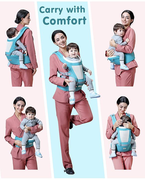 Babyhug Adore 5-in-1 Hip Seat Baby Carrier: Ergonomic, Breathable fabric, Padded straps, Foldable headrest, Secure waist belt, 5 carry positions, and storage pockets for babies up to 15 kg-Green