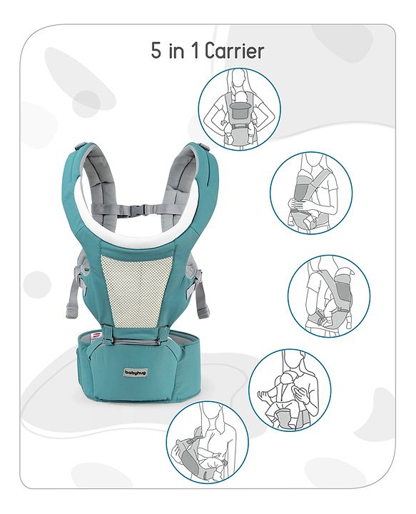 Babyhug Adore 5-in-1 Hip Seat Baby Carrier: Ergonomic, Breathable fabric, Padded straps, Foldable headrest, Secure waist belt, 5 carry positions, and storage pockets for babies up to 15 kg-Green