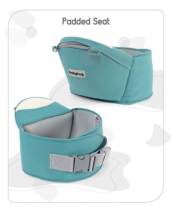 Babyhug Adore 5-in-1 Hip Seat Baby Carrier: Ergonomic, Breathable fabric, Padded straps, Foldable headrest, Secure waist belt, 5 carry positions, and storage pockets for babies up to 15 kg-Green