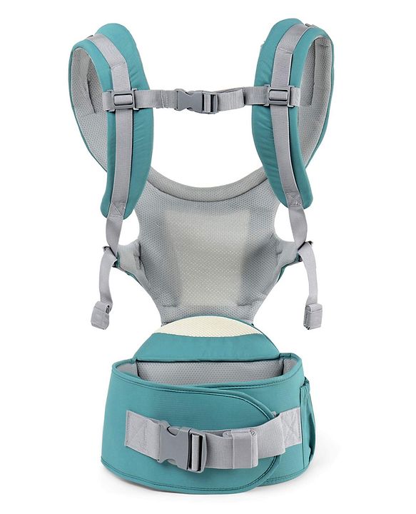 Babyhug Adore 5-in-1 Hip Seat Baby Carrier: Ergonomic, Breathable fabric, Padded straps, Foldable headrest, Secure waist belt, 5 carry positions, and storage pockets for babies up to 15 kg-Green