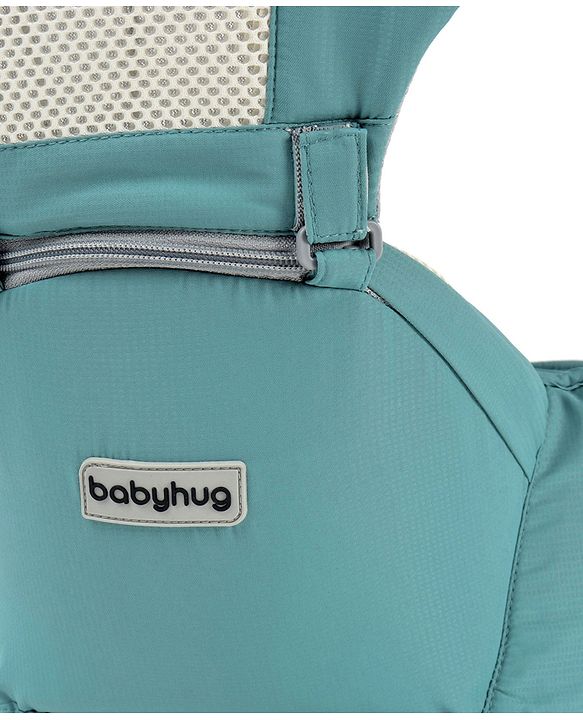 Babyhug Adore 5-in-1 Hip Seat Baby Carrier: Ergonomic, Breathable fabric, Padded straps, Foldable headrest, Secure waist belt, 5 carry positions, and storage pockets for babies up to 15 kg-Green