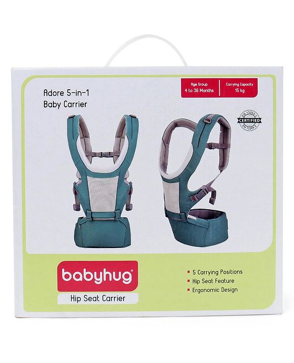 Babyhug Adore 5-in-1 Hip Seat Baby Carrier: Ergonomic, Breathable fabric, Padded straps, Foldable headrest, Secure waist belt, 5 carry positions, and storage pockets for babies up to 15 kg-Green