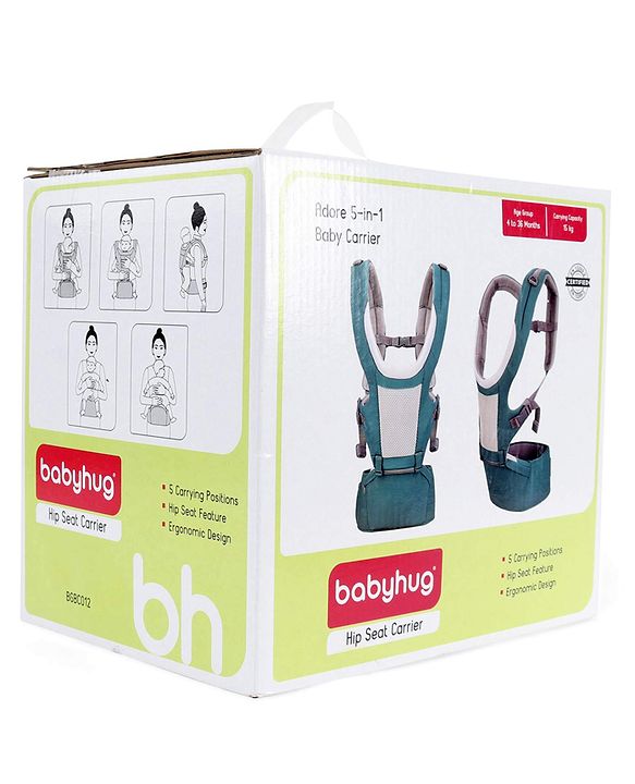 Babyhug Adore 5-in-1 Hip Seat Baby Carrier: Ergonomic, Breathable fabric, Padded straps, Foldable headrest, Secure waist belt, 5 carry positions, and storage pockets for babies up to 15 kg-Green