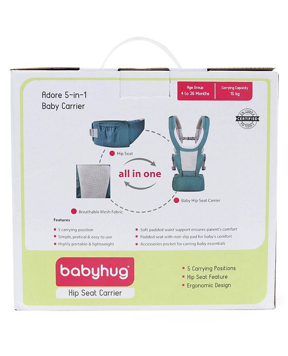 Babyhug Adore 5-in-1 Hip Seat Baby Carrier: Ergonomic, Breathable fabric, Padded straps, Foldable headrest, Secure waist belt, 5 carry positions, and storage pockets for babies up to 15 kg-Green