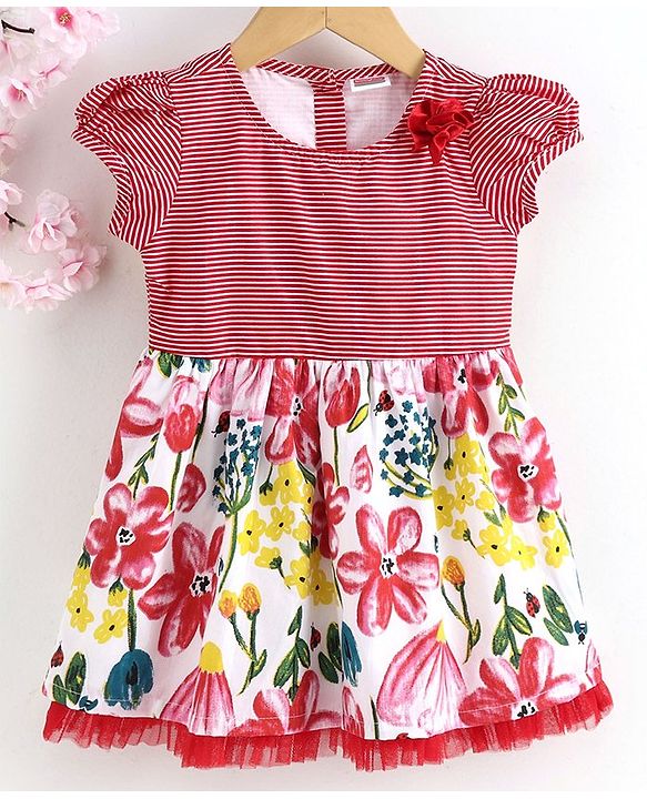 Babyhug Short Sleeves Frock Floral Print - Pink Red