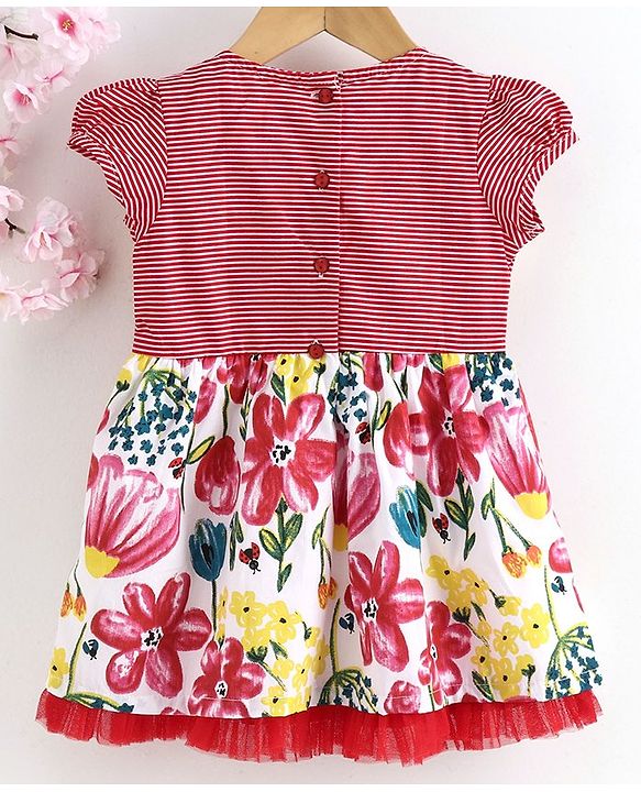 Babyhug Short Sleeves Frock Floral Print - Pink Red