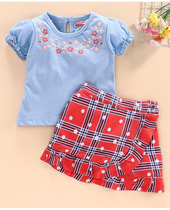 Babyhug Puff Sleeves Floral Print Top & Checks Skirt - Light Blue