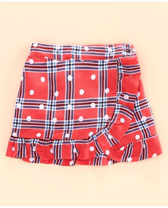 Babyhug Puff Sleeves Floral Print Top & Checks Skirt - Light Blue