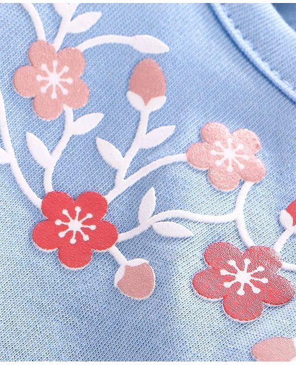 Babyhug Puff Sleeves Floral Print Top & Checks Skirt - Light Blue