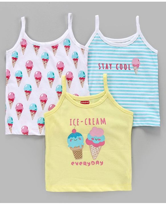 Babyhug 100% Cotton Sleeveless Slips Ice Cream Print Pack of 3 - White Yellow Blue
