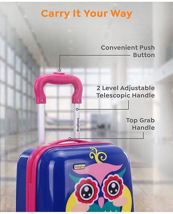 Babyhug Kid's Small 1 Day Trip Trolley Bag Owl Print - 18 Inches| Shock Resistant| Telescopic Handle| Water Resistant| Easy Zipper Closure| Durable Wheels