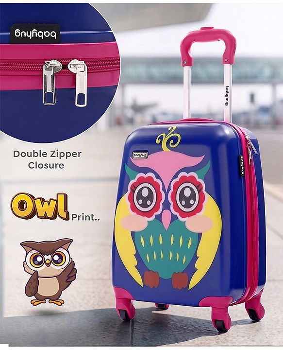 Babyhug Kid's Small 1 Day Trip Trolley Bag Owl Print - 18 Inches| Shock Resistant| Telescopic Handle| Water Resistant| Easy Zipper Closure| Durable Wheels