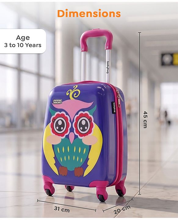 Babyhug Kid's Small 1 Day Trip Trolley Bag Owl Print - 18 Inches| Shock Resistant| Telescopic Handle| Water Resistant| Easy Zipper Closure| Durable Wheels