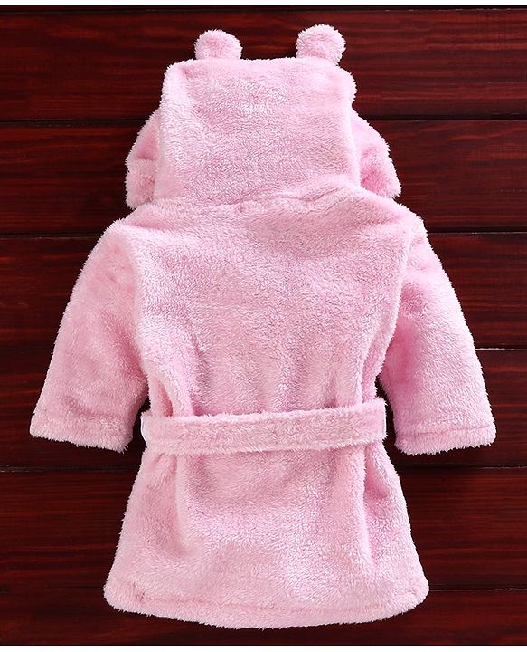 Babyhug Full Sleeves Hooded Velour Bath Robe with 3D Ears - Pink