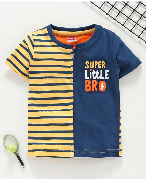 Babyhug Half Sleeves Stripe Tee Super Little Bro Print - Yellow Navy Blue