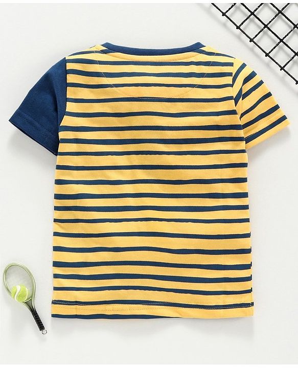 Babyhug Half Sleeves Stripe Tee Super Little Bro Print - Yellow Navy Blue