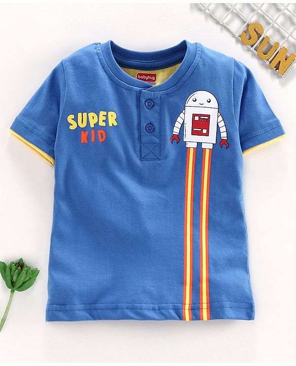 Babyhug Half Sleeves Henley Tee Rocket Print - Blue