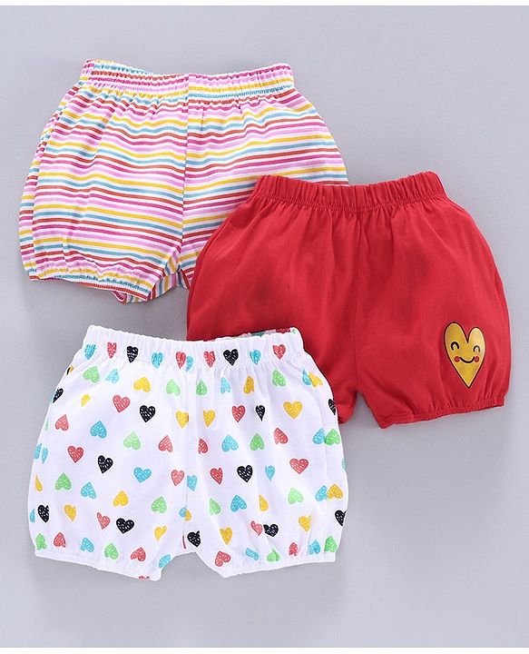 Babyhug 100% Cotton Bloomer Striped & Heart Print Pack of 3 - White Pink