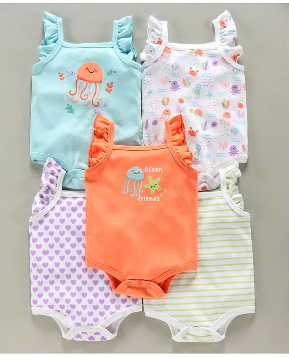 Babyhug 100% Cotton Flutter Sleeves Onesies Multiprint Pack of 5 - Multicolor