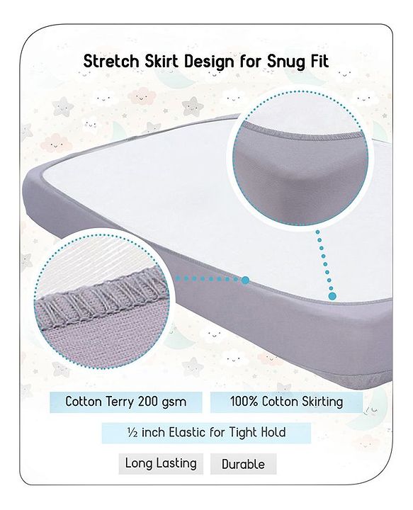 Babyhug Soft Terry Waterproof Mattress Protector Breathable Fitted Cover Sheet - Grey