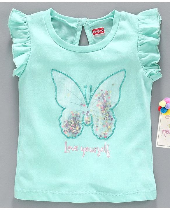 Babyhug Flutter Sleeves Top Embroidered - Green