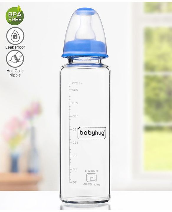 Babyhug Standard Neck Glass Feeding Bottle Blue - 250 ml