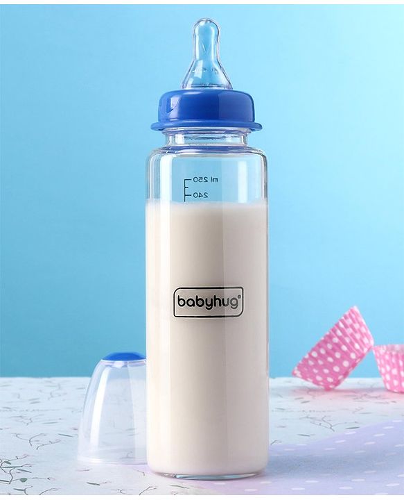 Babyhug Standard Neck Glass Feeding Bottle Blue - 250 ml