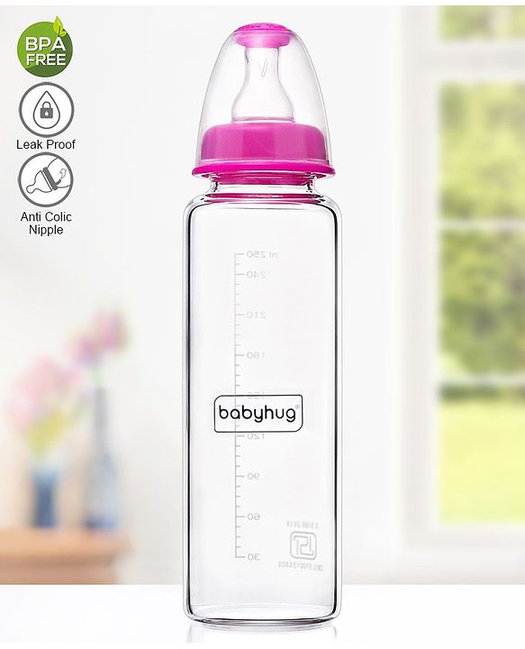 Babyhug Standard Neck Glass Feeding BottlePink - 250 ml
