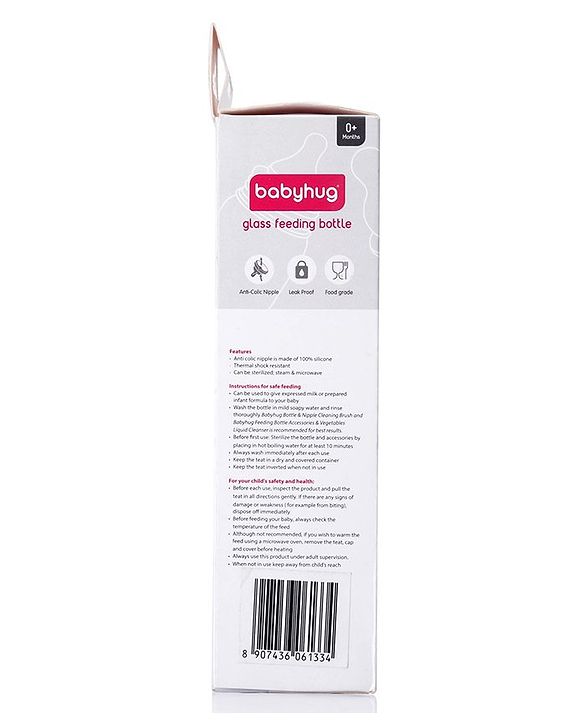Babyhug Standard Neck Glass Feeding BottlePink - 250 ml