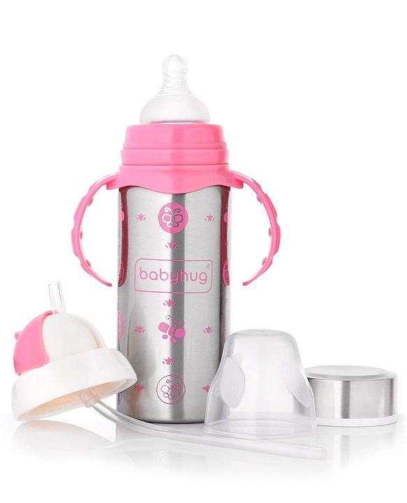 Babyhug 3-in-1 Stainless Steel Bottle with Twin Handles Pink - 180 ml
