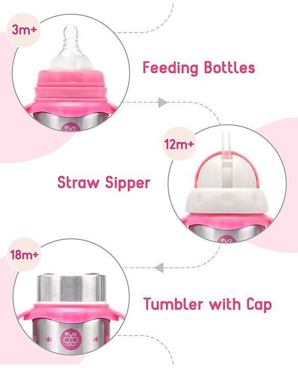 Babyhug 3-in-1 Stainless Steel Bottle with Twin Handles Pink - 180 ml