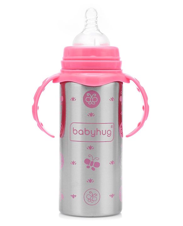 Babyhug 3-in-1 Stainless Steel Bottle with Twin Handles Pink - 180 ml