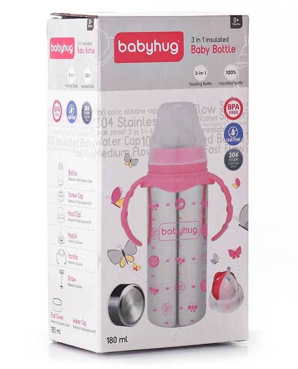 Babyhug 3-in-1 Stainless Steel Bottle with Twin Handles Pink - 180 ml