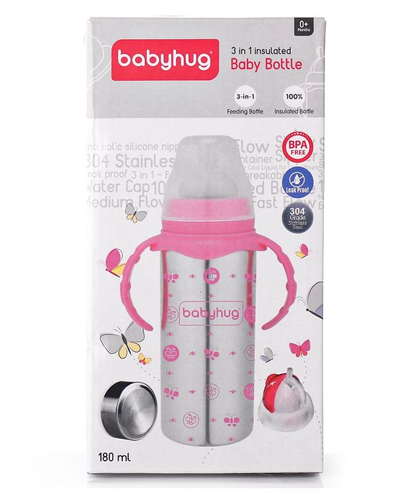 Babyhug 3-in-1 Stainless Steel Bottle with Twin Handles Pink - 180 ml