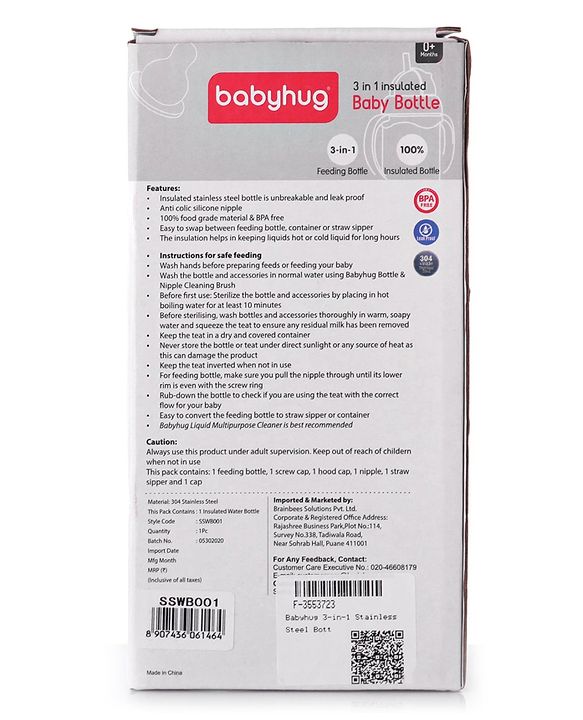 Babyhug 3-in-1 Stainless Steel Bottle with Twin Handles Pink - 180 ml