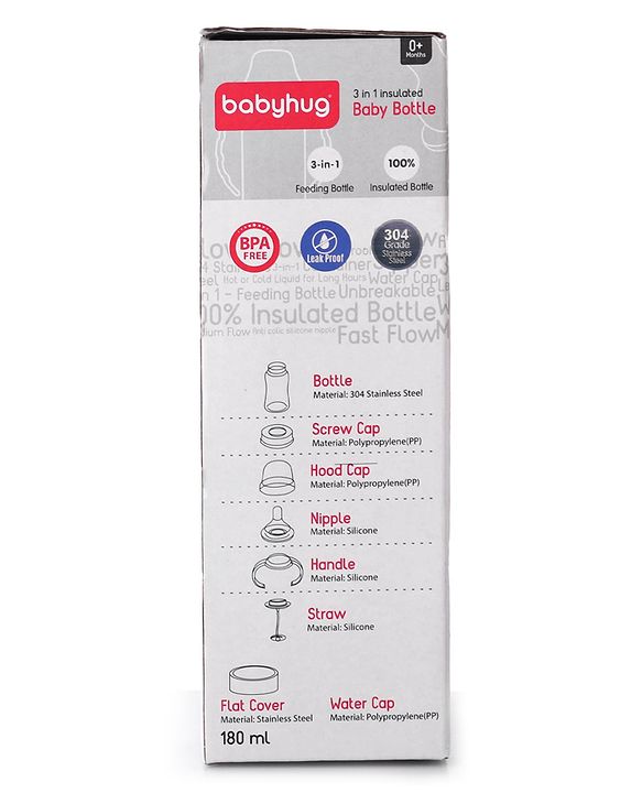 Babyhug 3-in-1 Stainless Steel Bottle with Twin Handles Pink - 180 ml