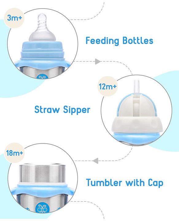 Babyhug 3-in-1 Stainless Steel Bottle with Twin Handles Blue - 180 ml