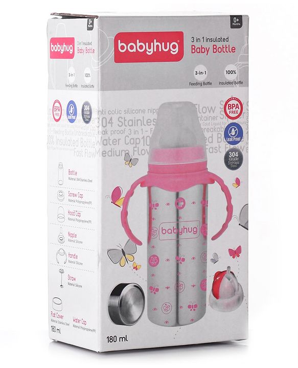 Babyhug 3-in-1 Stainless Steel Bottle with Twin Handles Blue - 180 ml