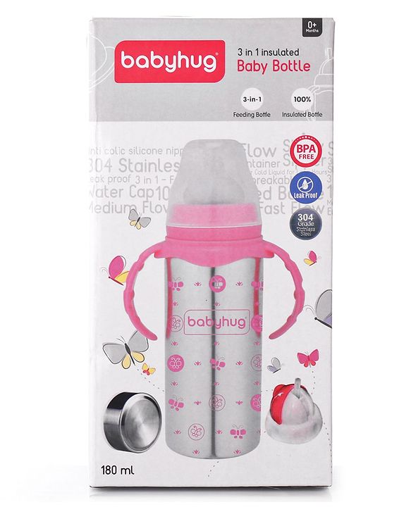 Babyhug 3-in-1 Stainless Steel Bottle with Twin Handles Blue - 180 ml