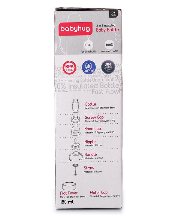 Babyhug 3-in-1 Stainless Steel Bottle with Twin Handles Blue - 180 ml