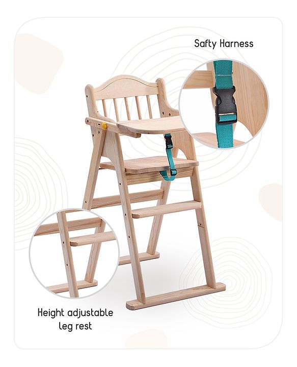 Babyhug Salvador Wooden Foldable Baby Dinning High Chair - Natural| No Assembly Required| Eco Friendly| Neutral Astetics