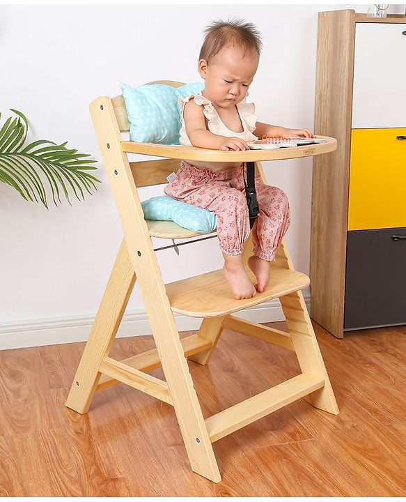 Babyhug Reine Wooden Dinning High Chair With Cushion - Natural