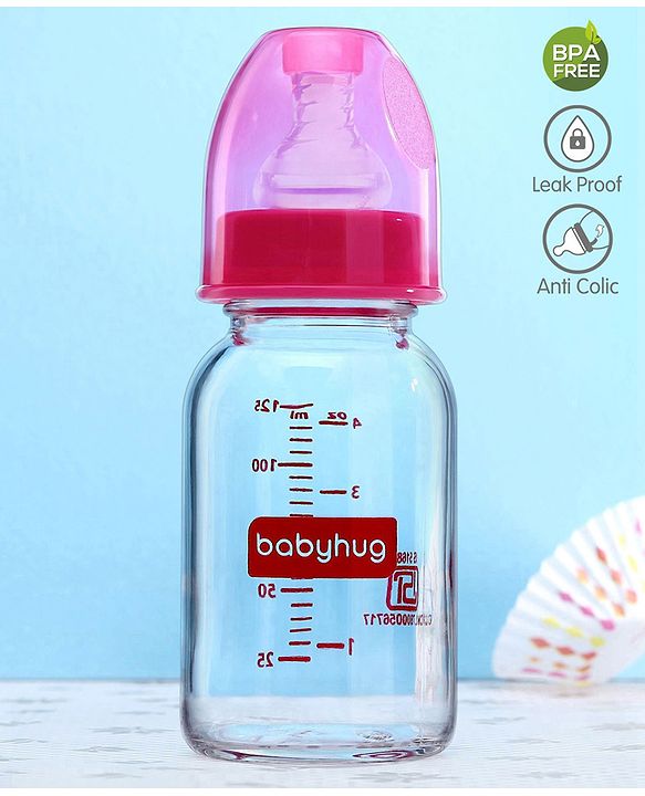 Babyhug BPA-Free Natural Glass Baby Bottle  125 ml, Pink | Anti-Colic Silicone Nipple| Leak-Resistant | Durable | Ideal for Newborns & Toddlers | Travel friendly