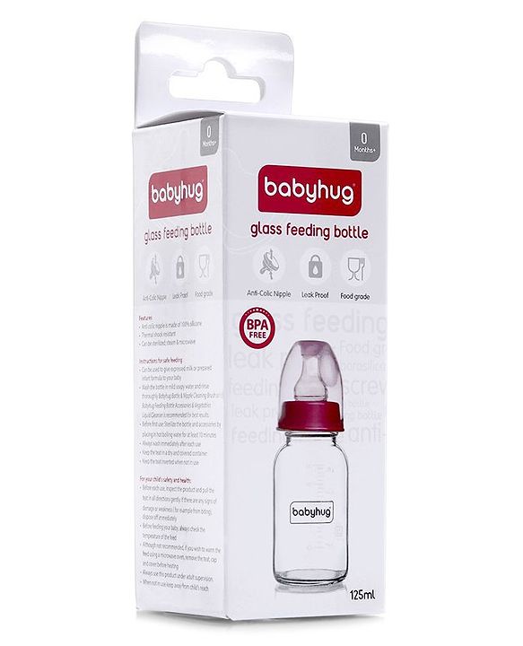 Babyhug BPA-Free Natural Glass Baby Bottle  125 ml, Pink | Anti-Colic Silicone Nipple| Leak-Resistant | Durable | Ideal for Newborns & Toddlers | Travel friendly