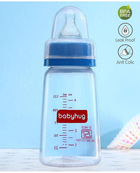 Babyhug Mountain Shape Feeding Bottle Blue - 125 ml| Unique Design| Leak-Proof| Anti-colic Silicone Nipple| Microwave and Sterilizer Safe| BPA Free| Measuring Scale| Hygiene Cap| Slow Flow