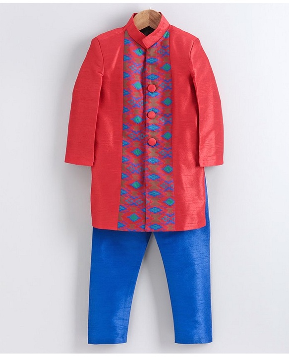 Babyhug Full Sleeves Embroidered Sherwani Set - Red Blue